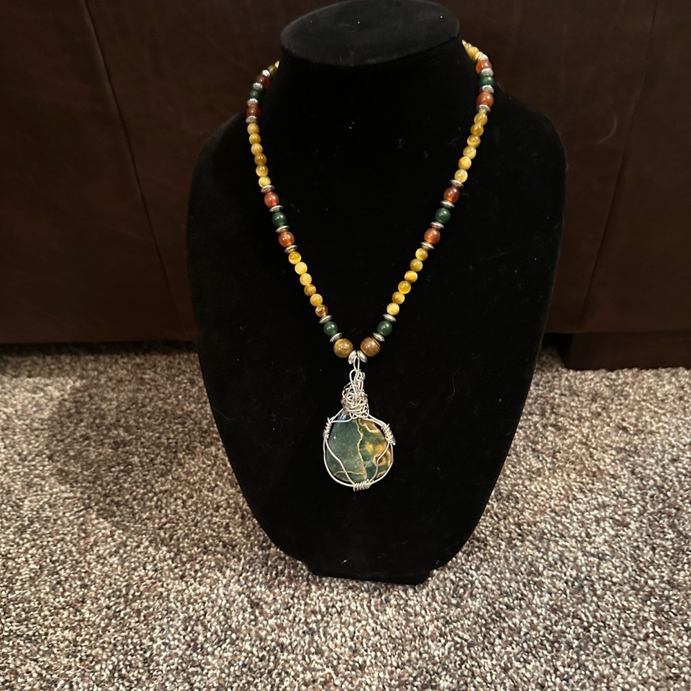 Hand Crafted Jade, Amber, Yellow Tiger Eye, Agate & Sterling Silver Necklace